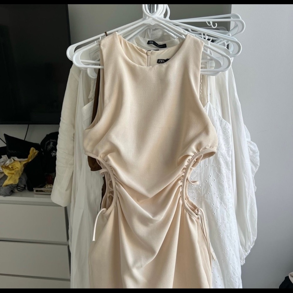 Zara Tan Ruched Halter Midi Dress